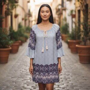 Umgee + Women’s Floral/Paisley Boho Blue/White/Wine Dress Size-1XL EUC